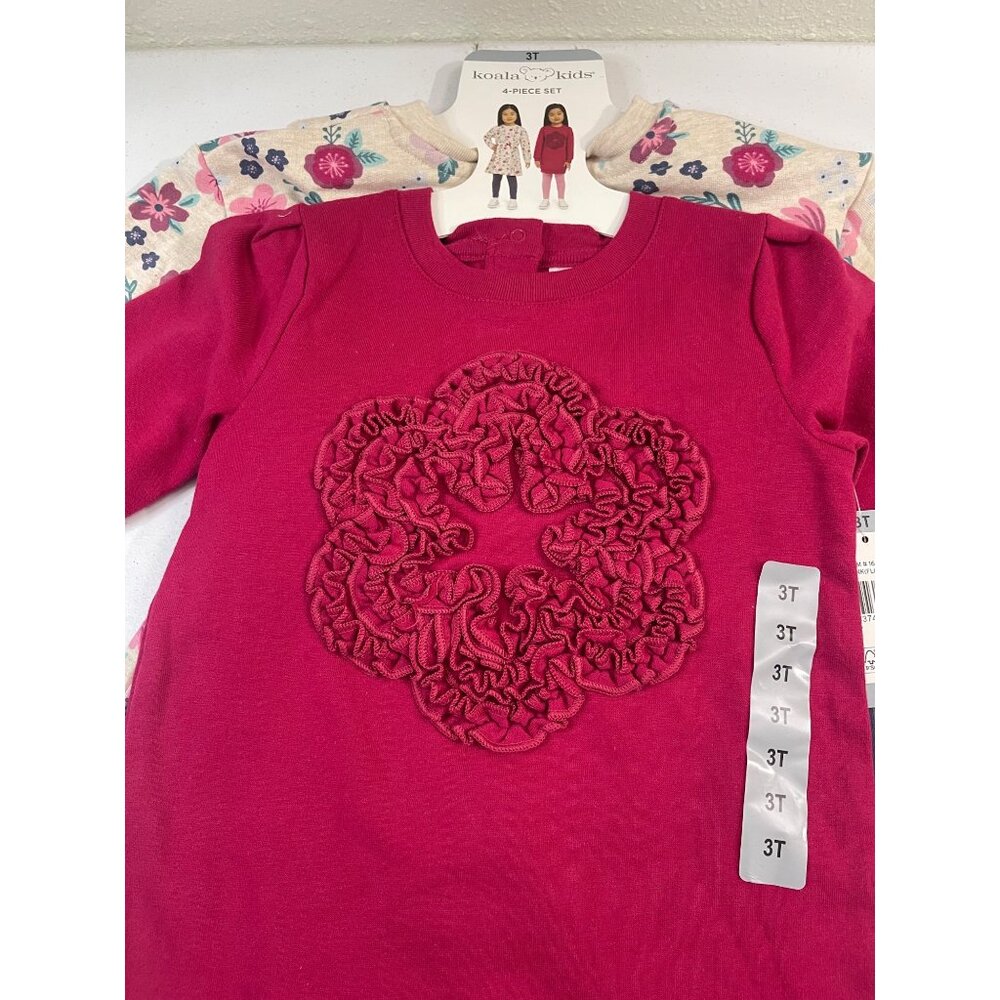 Koala Kids 4-Piece Girls 3T Set: Floral Dress Pink & Blue Leggings Red Tunic NWT - Picture 2 of 9